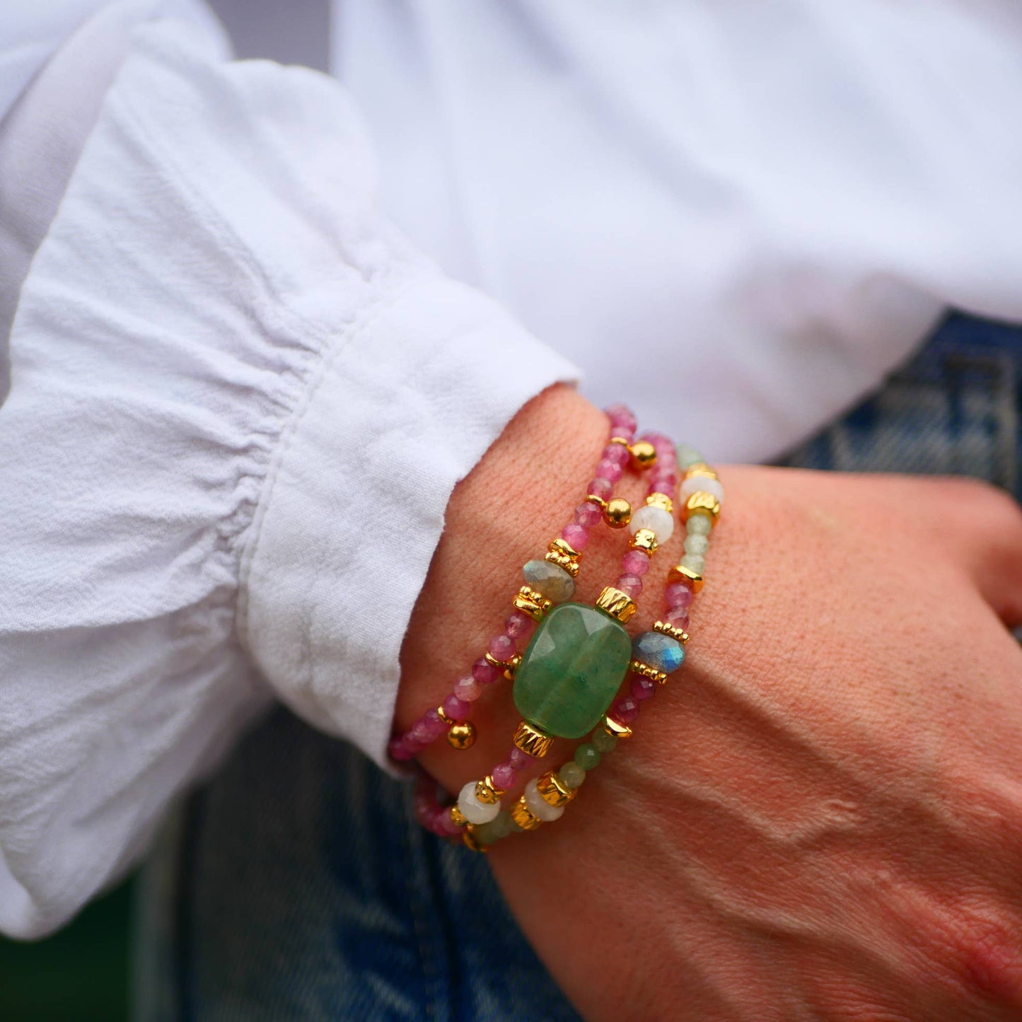 "Rainbow" armbånd med Aventurin, Pink Turmalin, Labradorit.