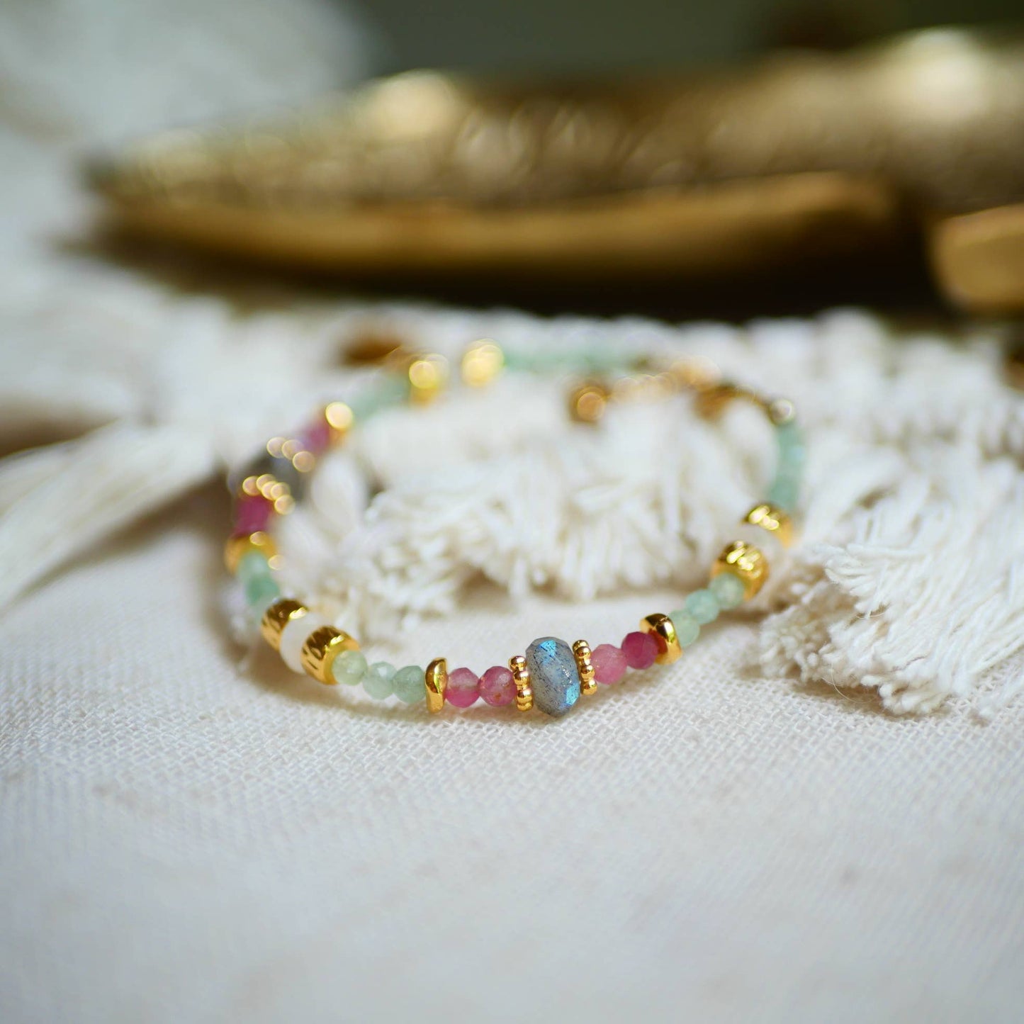"Rainbow" armbånd med Aventurin, Pink Turmalin, Labradorit.