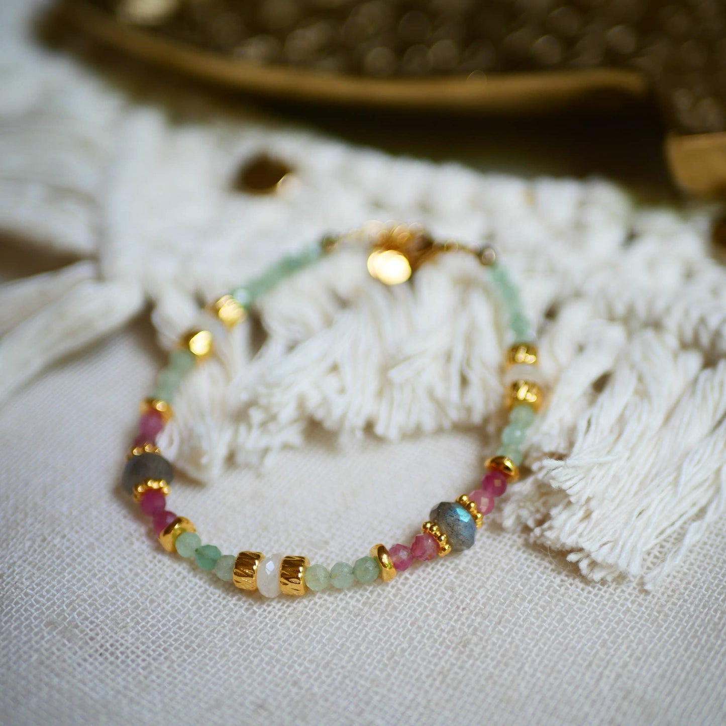 "Rainbow" armbånd med Aventurin, Pink Turmalin, Labradorit.