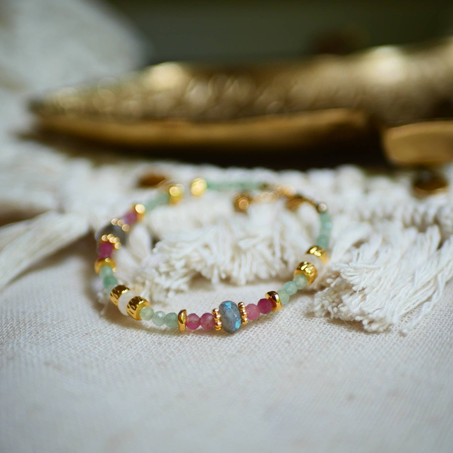 "Rainbow" armbånd med Aventurin, Pink Turmalin, Labradorit.